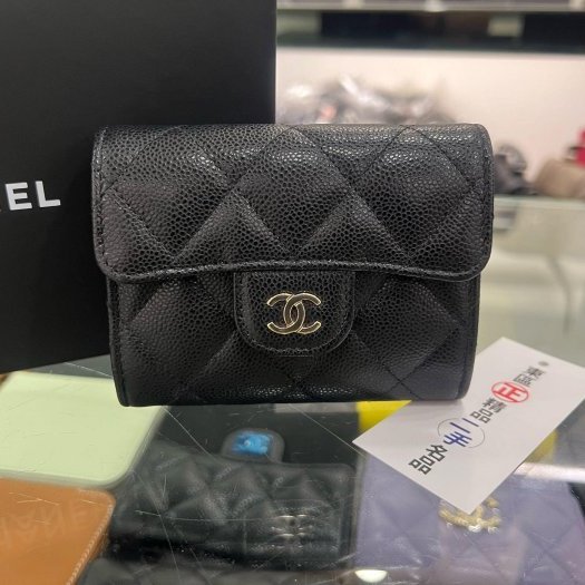 東區正精品㊣CHANEL AP0220 近全新香奈兒黑色荔枝牛皮金釦釦子雙層卡片夾零錢包 RZ6428-0