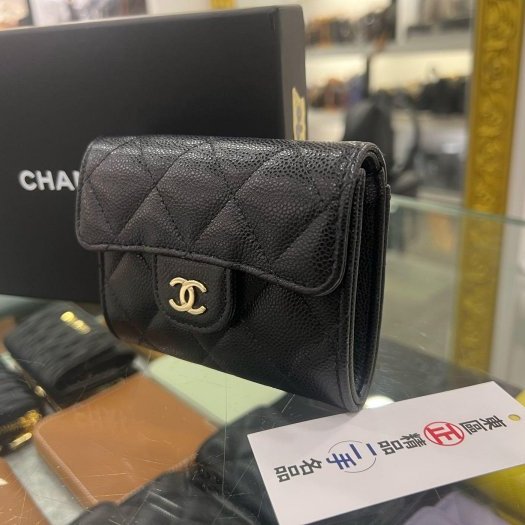 東區正精品㊣CHANEL AP0220 近全新香奈兒黑色荔枝牛皮金釦釦子雙層卡片夾零錢包 RZ6428-1