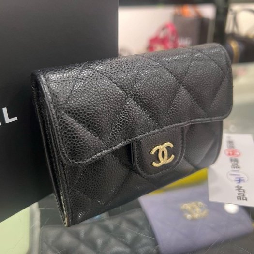 東區正精品㊣CHANEL AP0220 近全新香奈兒黑色荔枝牛皮金釦釦子雙層卡片夾零錢包 RZ6428-2