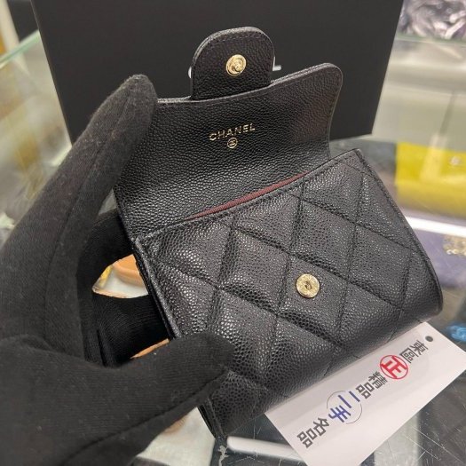 東區正精品㊣CHANEL AP0220 近全新香奈兒黑色荔枝牛皮金釦釦子雙層卡片夾零錢包 RZ6428-3