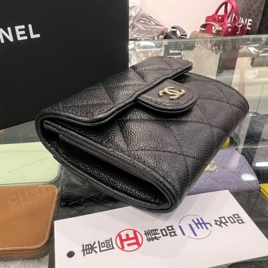 東區正精品㊣CHANEL AP0220 近全新香奈兒黑色荔枝牛皮金釦釦子雙層卡片夾零錢包 RZ6428-4