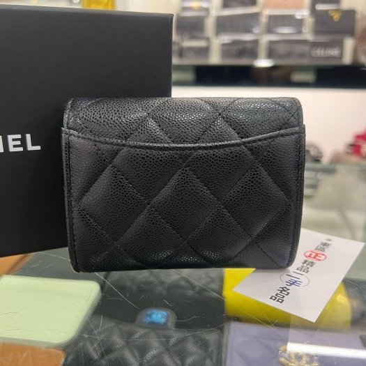 東區正精品㊣CHANEL AP0220 近全新香奈兒黑色荔枝牛皮金釦釦子雙層卡片夾零錢包 RZ6428-7