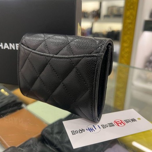 東區正精品㊣CHANEL AP0220 近全新香奈兒黑色荔枝牛皮金釦釦子雙層卡片夾零錢包 RZ6428-8
