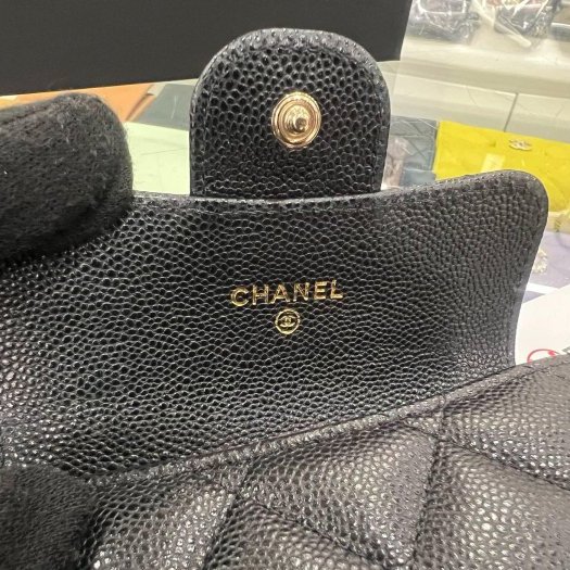 東區正精品㊣CHANEL AP0220 近全新香奈兒黑色荔枝牛皮金釦釦子雙層卡片夾零錢包 RZ6428-10