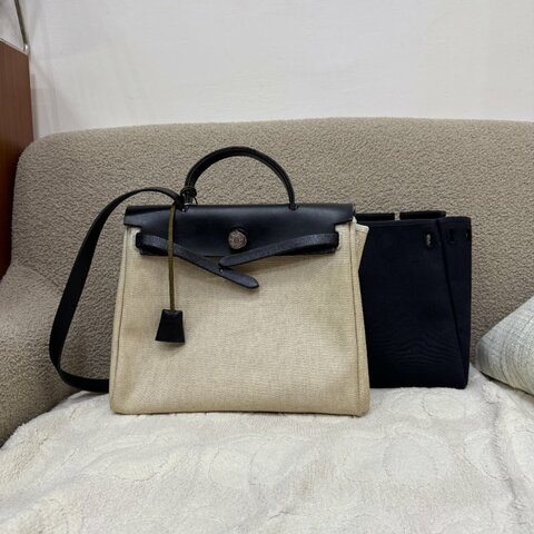 中古 愛馬仕 Hermès Herbag 31 黑色 Swift 皮革 米色 Toile H 銀色五金 印記 Square G 手袋