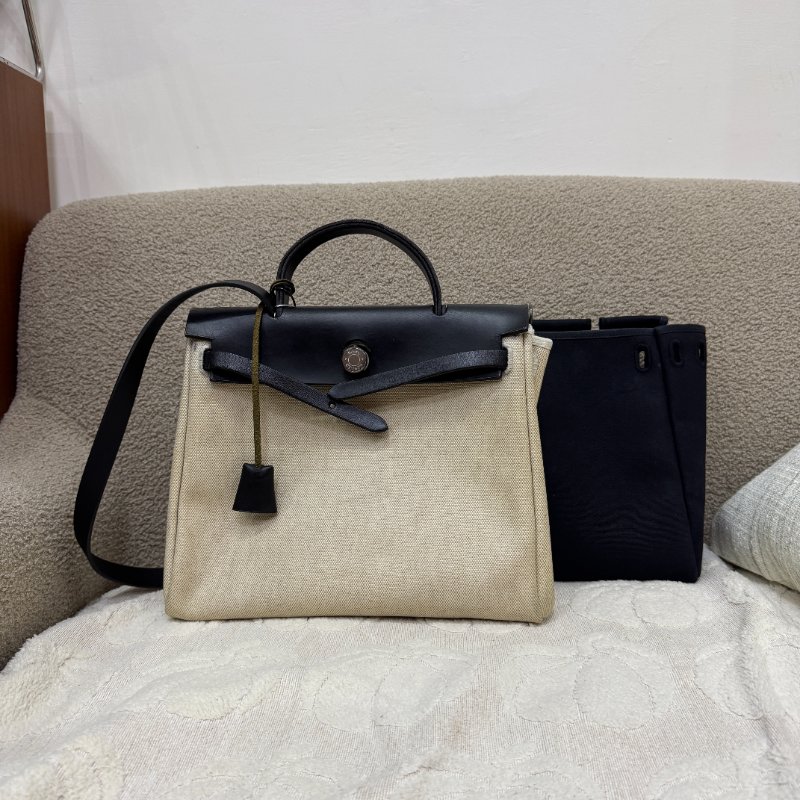 中古 愛馬仕 Hermès Herbag 31 黑色 Swift 皮革 米色 Toile H 銀色五金 印記 Square G 手袋-0