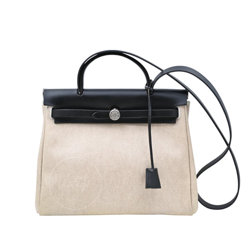 中古 愛馬仕 Hermès Herbag 31 黑色 Swift 皮革 米色 Toile H 銀色五金 印記 Square G 手袋-1