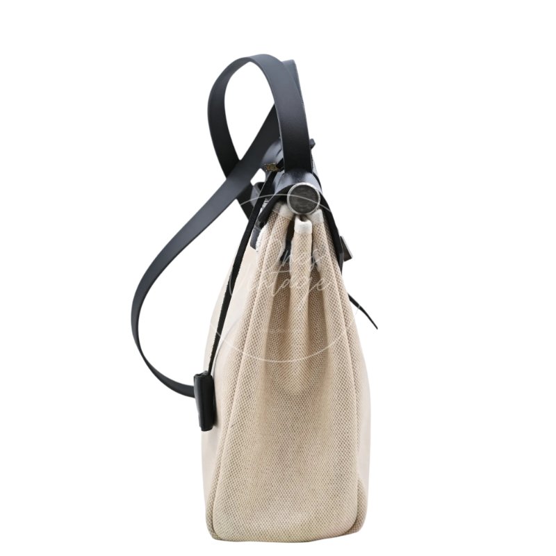 中古 愛馬仕 Hermès Herbag 31 黑色 Swift 皮革 米色 Toile H 銀色五金 印記 Square G 手袋-3