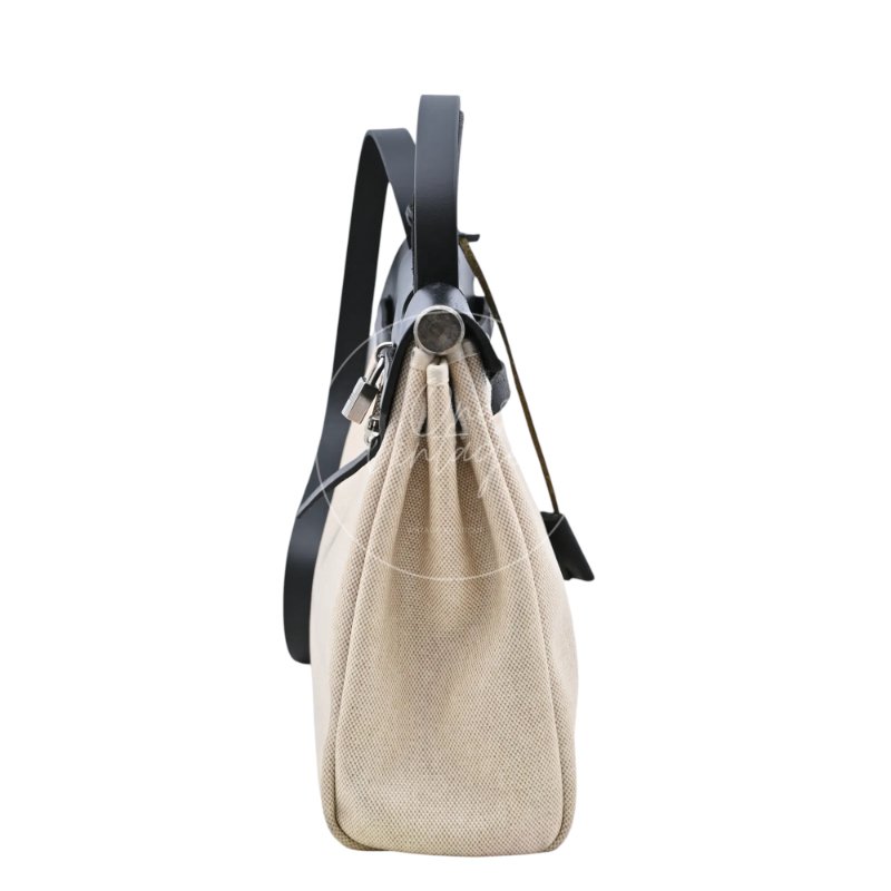 中古 愛馬仕 Hermès Herbag 31 黑色 Swift 皮革 米色 Toile H 銀色五金 印記 Square G 手袋-4