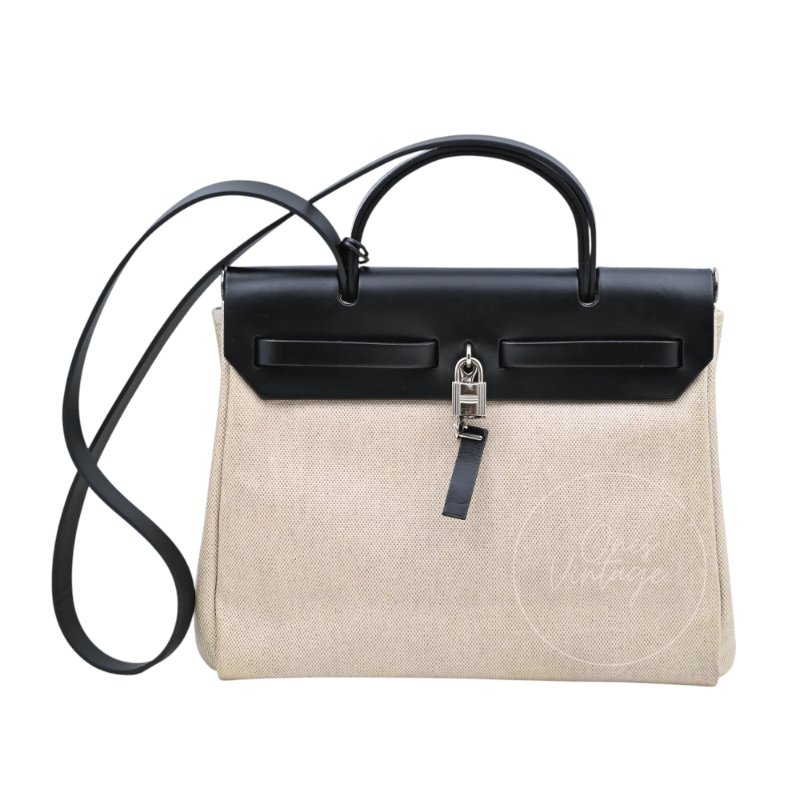 中古 愛馬仕 Hermès Herbag 31 黑色 Swift 皮革 米色 Toile H 銀色五金 印記 Square G 手袋-7