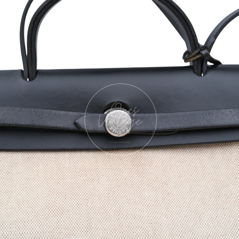 中古 愛馬仕 Hermès Herbag 31 黑色 Swift 皮革 米色 Toile H 銀色五金 印記 Square G 手袋-21