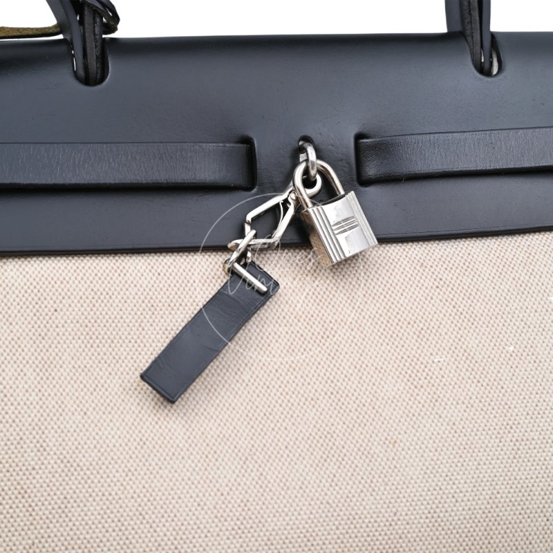 中古 愛馬仕 Hermès Herbag 31 黑色 Swift 皮革 米色 Toile H 銀色五金 印記 Square G 手袋-22