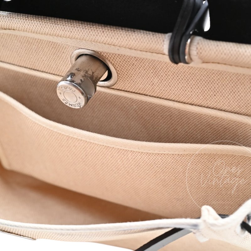 中古 愛馬仕 Hermès Herbag 31 黑色 Swift 皮革 米色 Toile H 銀色五金 印記 Square G 手袋-23