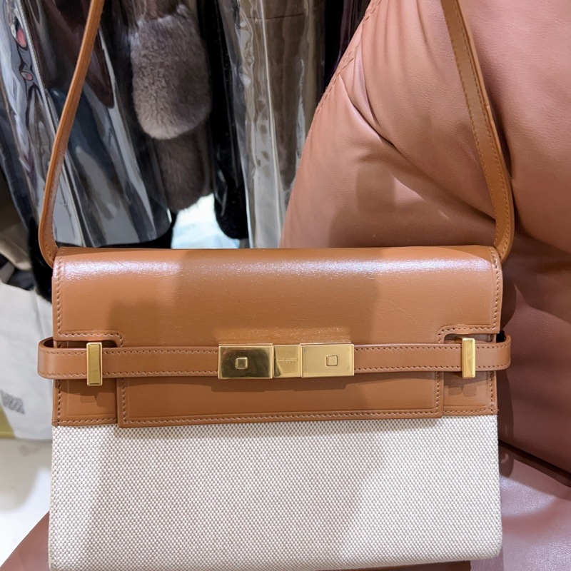 YSL聖羅蘭曼哈頓拼色包  焦糖牛皮+米白帆布 金色五金 24x17.5x6cm 單肩斜挎-1