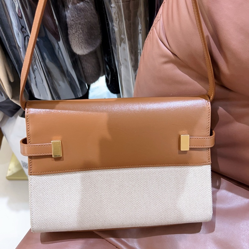 YSL聖羅蘭曼哈頓拼色包  焦糖牛皮+米白帆布 金色五金 24x17.5x6cm 單肩斜挎-3