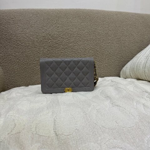 中古 香奈兒 Chanel Boy Wallet 鏈條錢包 WOC 灰色荔枝皮Grey Caviar  金色五金 Series 26