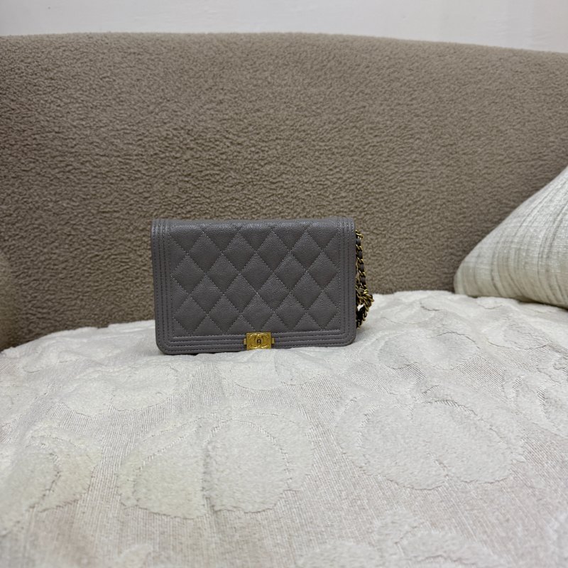 中古 香奈兒 Chanel Boy Wallet 鏈條錢包 WOC 灰色荔枝皮Grey Caviar  金色五金 Series 26-0