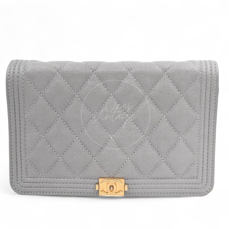 中古 香奈兒 Chanel Boy Wallet 鏈條錢包 WOC 灰色荔枝皮Grey Caviar  金色五金 Series 26-1