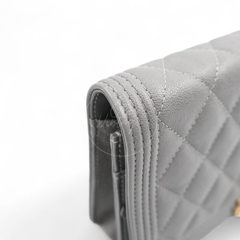 中古 香奈兒 Chanel Boy Wallet 鏈條錢包 WOC 灰色荔枝皮Grey Caviar  金色五金 Series 26-18
