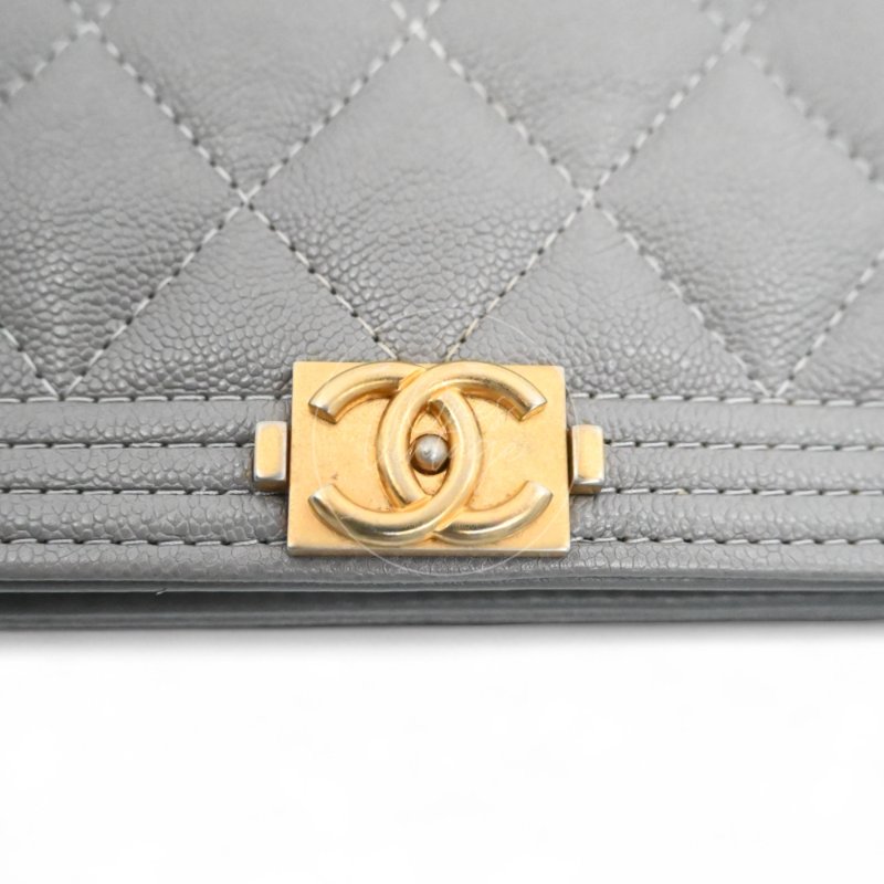 中古 香奈兒 Chanel Boy Wallet 鏈條錢包 WOC 灰色荔枝皮Grey Caviar  金色五金 Series 26-32