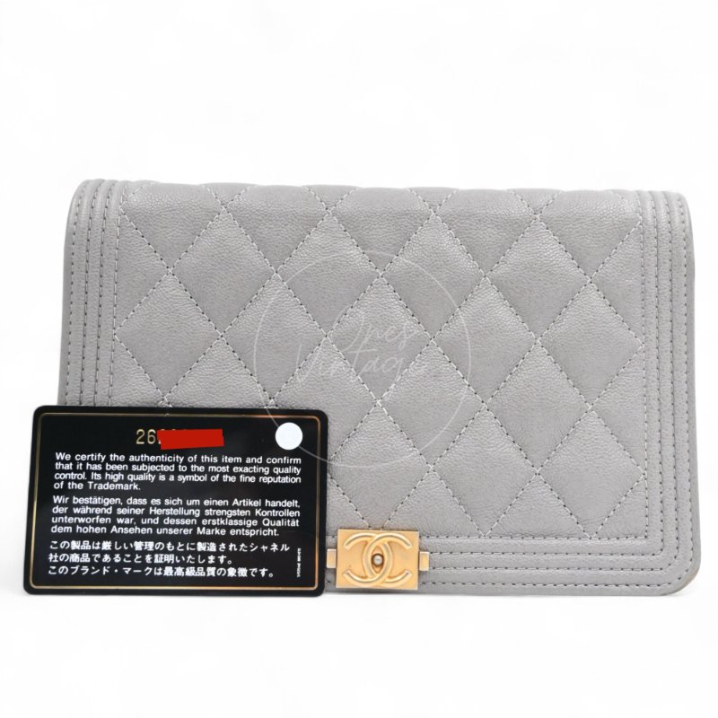 中古 香奈兒 Chanel Boy Wallet 鏈條錢包 WOC 灰色荔枝皮Grey Caviar  金色五金 Series 26-36
