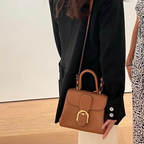 99新✨德爾沃/Delvaux 焦糖色金扣牛皮手提包斜挎包 可拆卸肩帶❤️正品保障