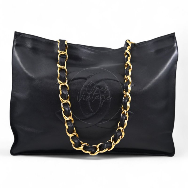 中古 香奈兒 Chanel 黑色小牛皮 Black Calfskin 鏈條肩背托特包 Chain Shoulder Tote Bag-2