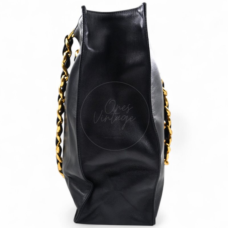 中古 香奈兒 Chanel 黑色小牛皮 Black Calfskin 鏈條肩背托特包 Chain Shoulder Tote Bag-3