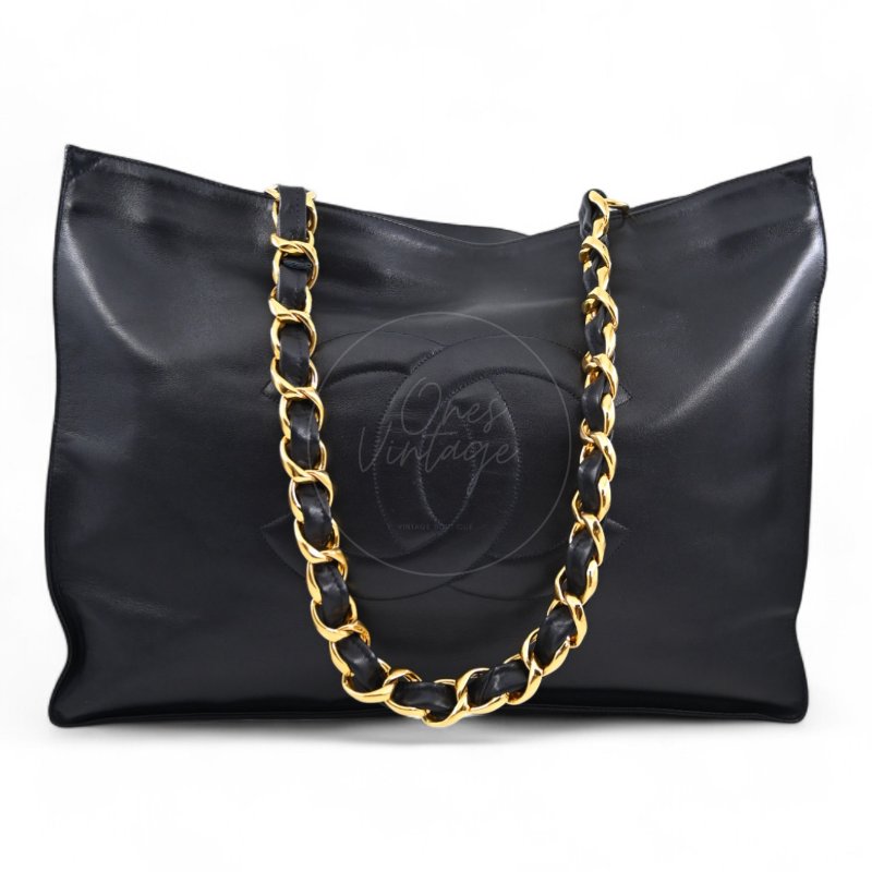 中古 香奈兒 Chanel 黑色小牛皮 Black Calfskin 鏈條肩背托特包 Chain Shoulder Tote Bag-8