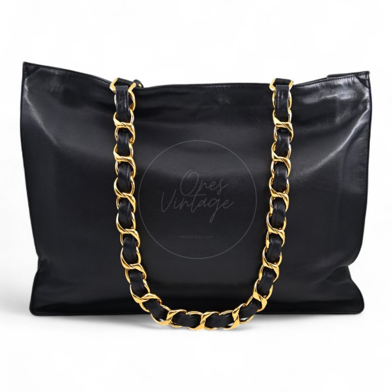 中古 香奈兒 Chanel 黑色小牛皮 Black Calfskin 鏈條肩背托特包 Chain Shoulder Tote Bag-9