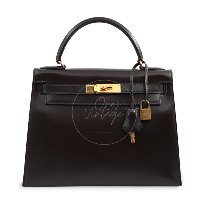 中古 愛馬仕 Hermès Kelly 28 Ebène 深棕色 Box 皮革 印記 Square B 手袋-1
