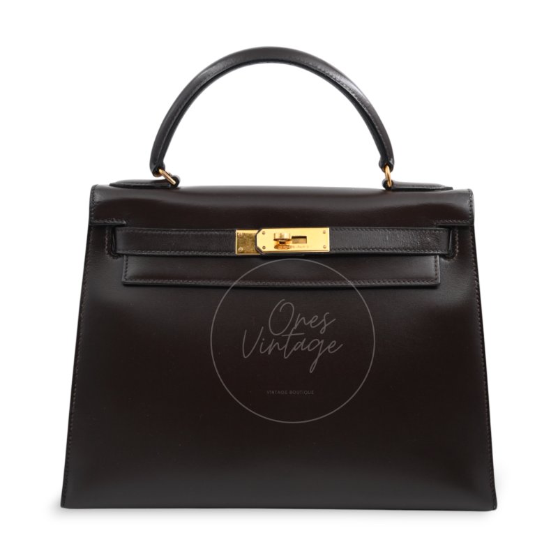 中古 愛馬仕 Hermès Kelly 28 Ebène 深棕色 Box 皮革 印記 Square B 手袋-2
