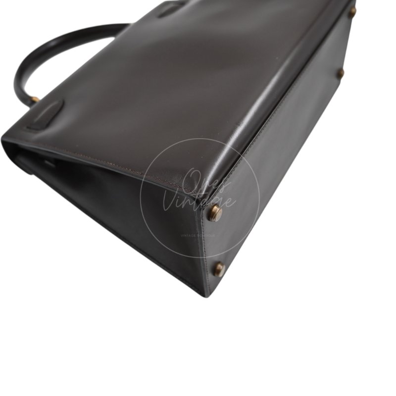 中古 愛馬仕 Hermès Kelly 28 Ebène 深棕色 Box 皮革 印記 Square B 手袋-15