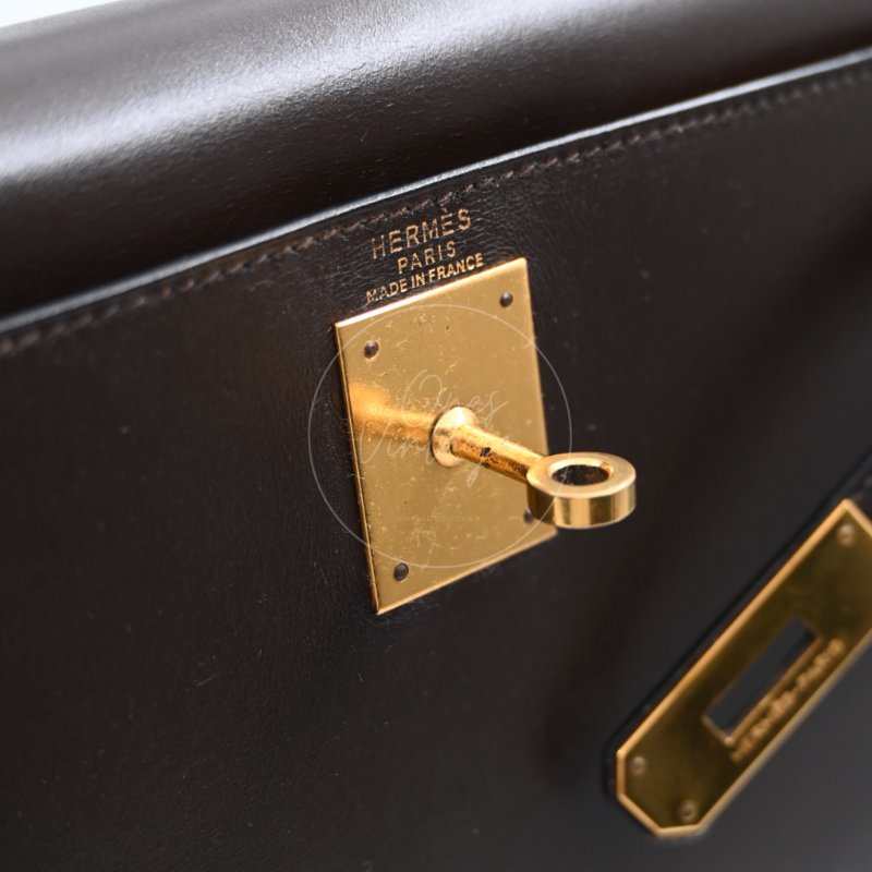 中古 愛馬仕 Hermès Kelly 28 Ebène 深棕色 Box 皮革 印記 Square B 手袋-29