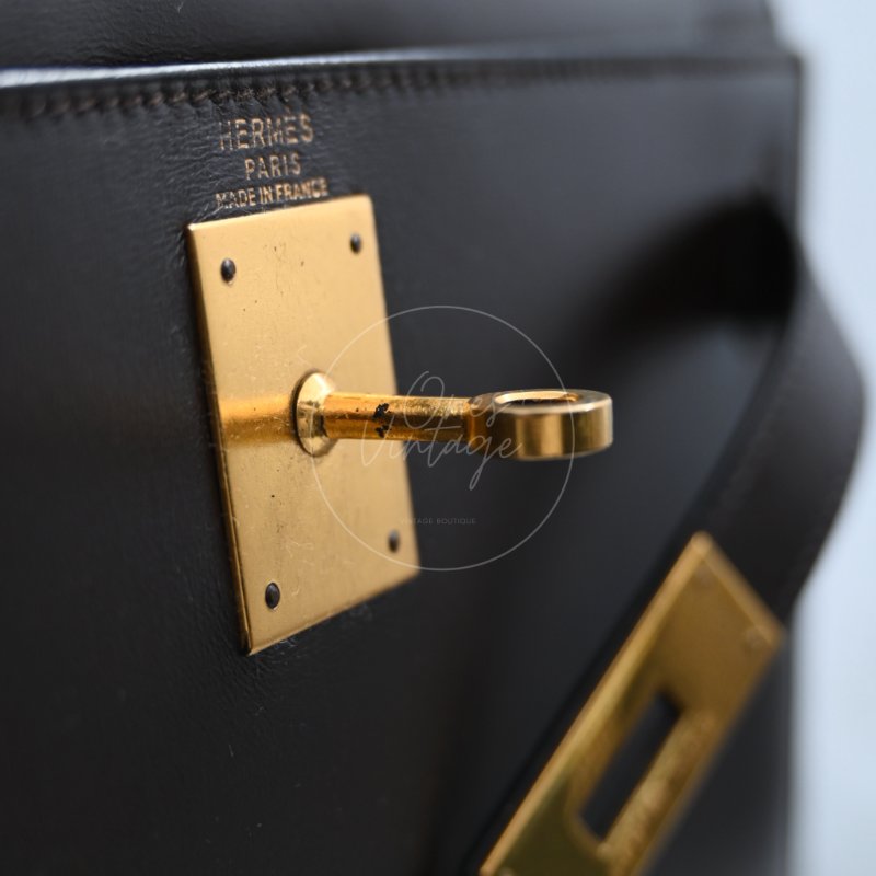中古 愛馬仕 Hermès Kelly 28 Ebène 深棕色 Box 皮革 印記 Square B 手袋-30