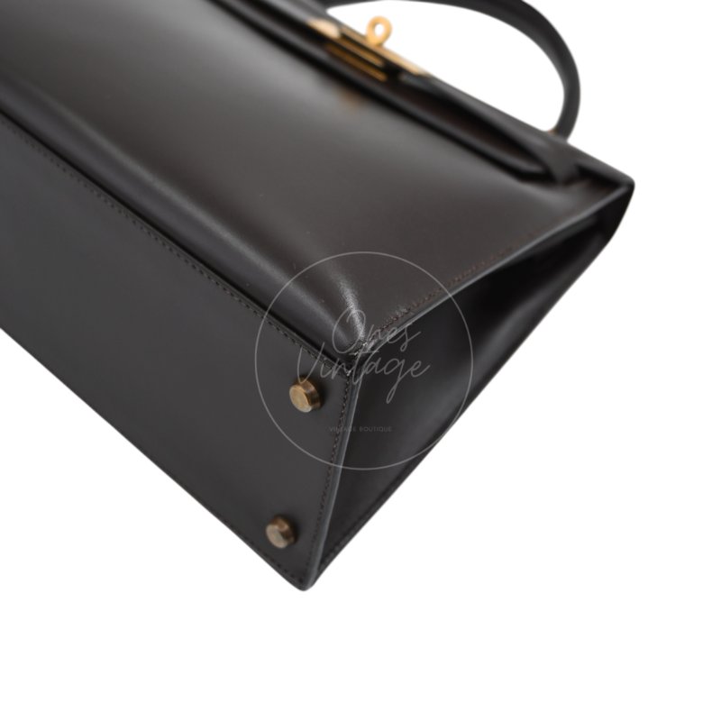 中古 愛馬仕 Hermès Kelly 28 Ebène 深棕色 Box 皮革 印記 Square B 手袋-45