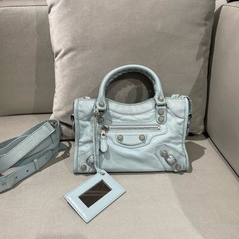 ✨ 99🆕Balenciaga巴黎世家冰淇淋藍色銀釘mini機車包手提包斜背包 可拆卸肩帶💙正品