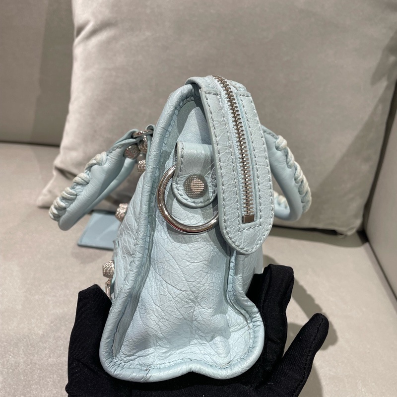 ✨ 99🆕Balenciaga巴黎世家冰淇淋藍色銀釘mini機車包手提包斜背包 可拆卸肩帶💙正品-3