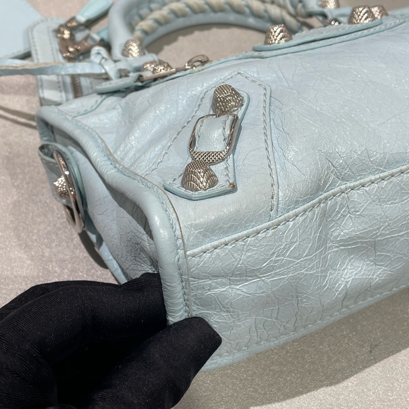✨ 99🆕Balenciaga巴黎世家冰淇淋藍色銀釘mini機車包手提包斜背包 可拆卸肩帶💙正品-5