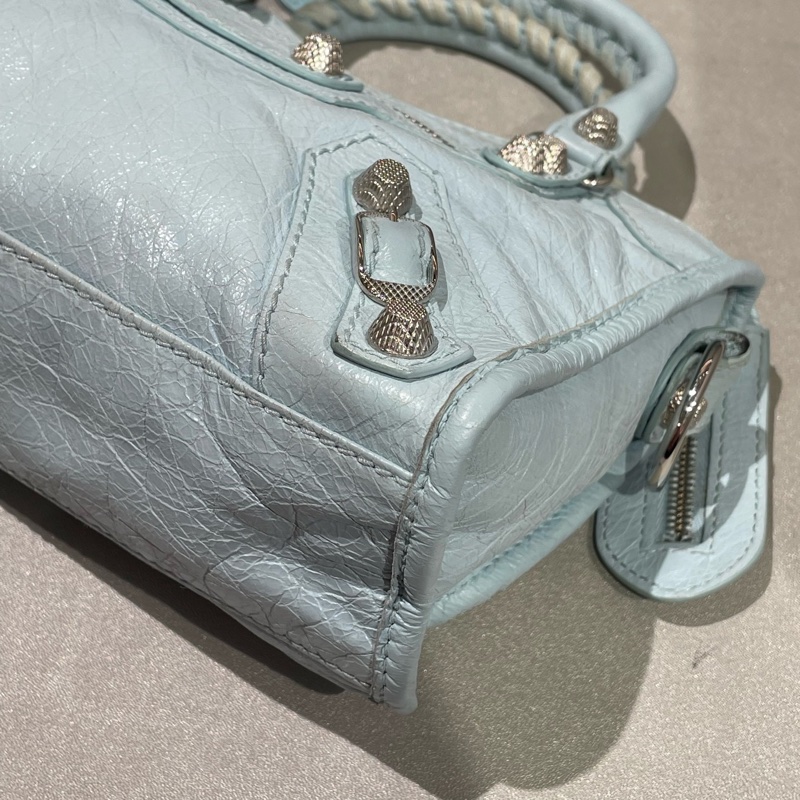 ✨ 99🆕Balenciaga巴黎世家冰淇淋藍色銀釘mini機車包手提包斜背包 可拆卸肩帶💙正品-6