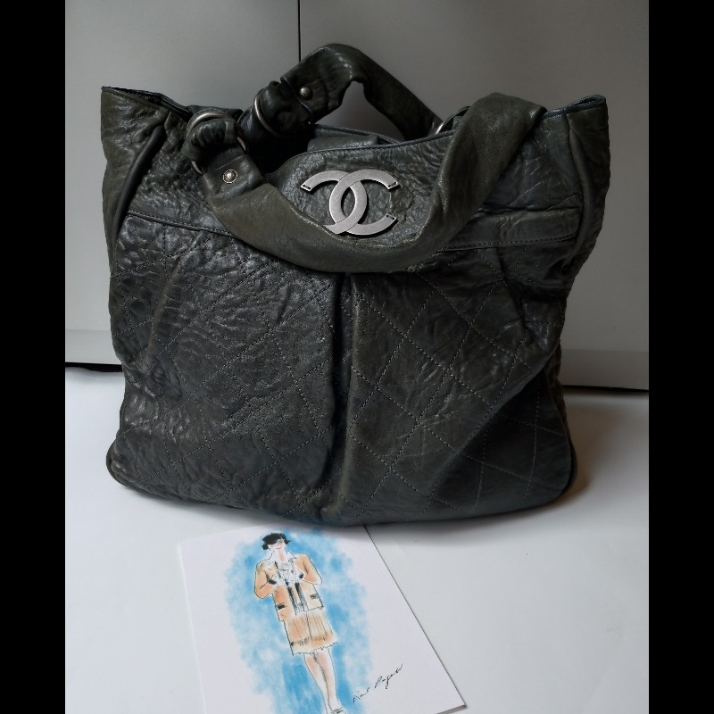 Chanel 墨綠皺皺皮革大直式托特包-0