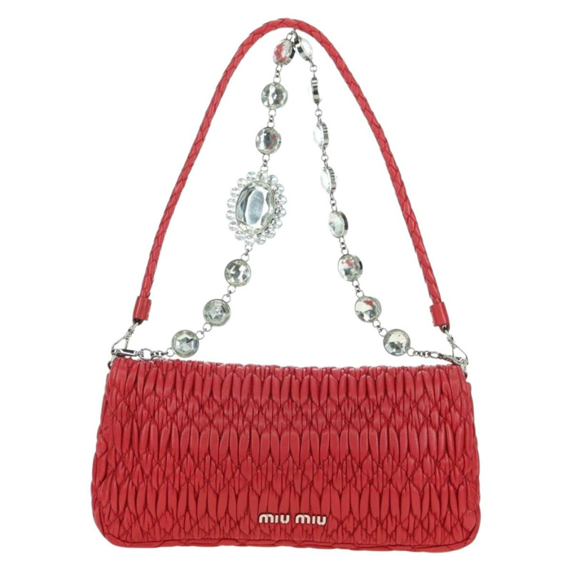 【日本直送】Miu Miu Matelasse 鏈條單肩包 皮革 紅色 銀色 正品 179306M-1