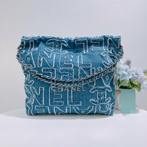 TW4859	Chanel 香奈兒22系列小號單肩包包 22 Tote Bag Small Denim Blue x PHW