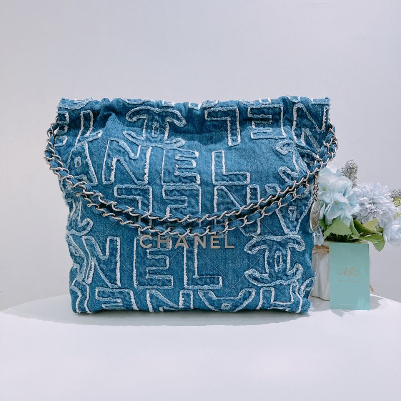 TW4859 Chanel 香奈兒22系列小號單肩包包 22 Tote Bag Small Denim Blue x PHW-0