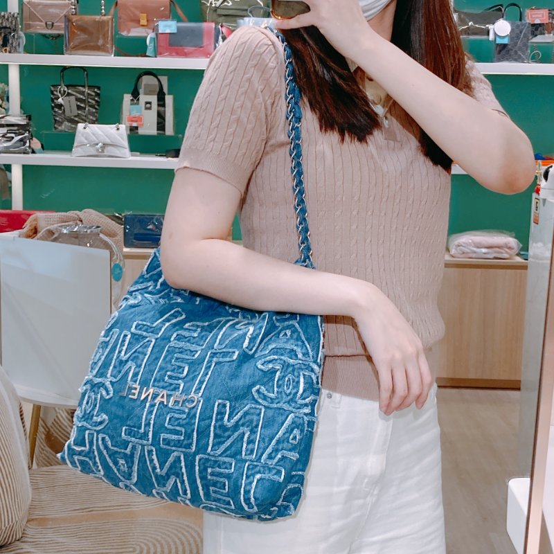 TW4859 Chanel 香奈兒22系列小號單肩包包 22 Tote Bag Small Denim Blue x PHW-1