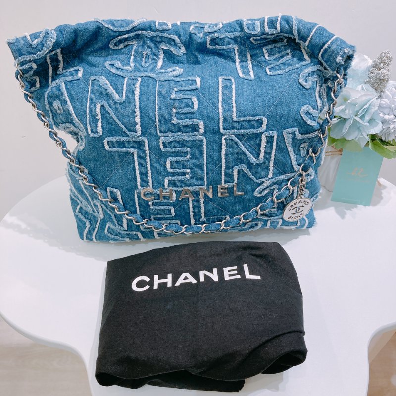 TW4859 Chanel 香奈兒22系列小號單肩包包 22 Tote Bag Small Denim Blue x PHW-10