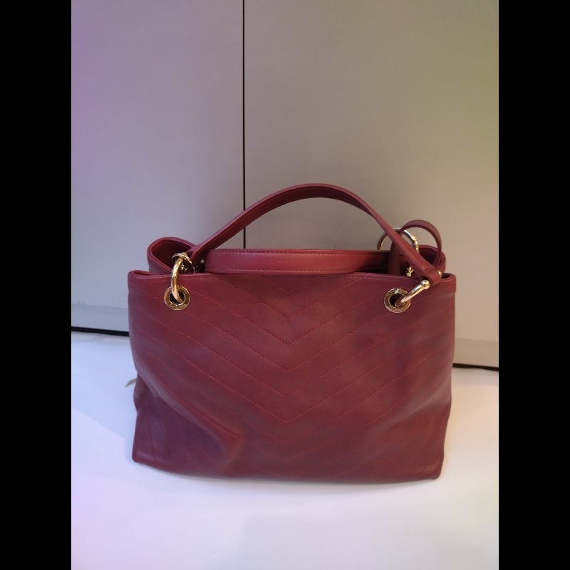 Chanel 淡金鍊酒紅皮V格兩用梯形tote 包-1