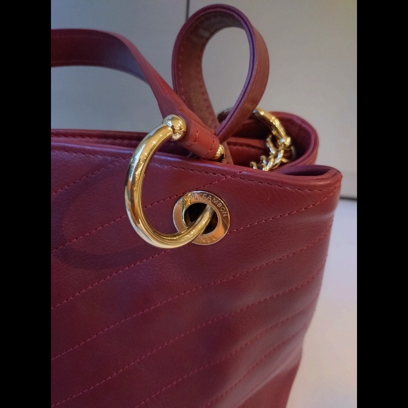 Chanel 淡金鍊酒紅皮V格兩用梯形tote 包-18