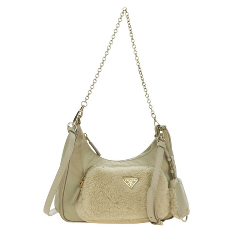 PRADA 尼龍鏈單肩包 三向米色金色 正品 179052V