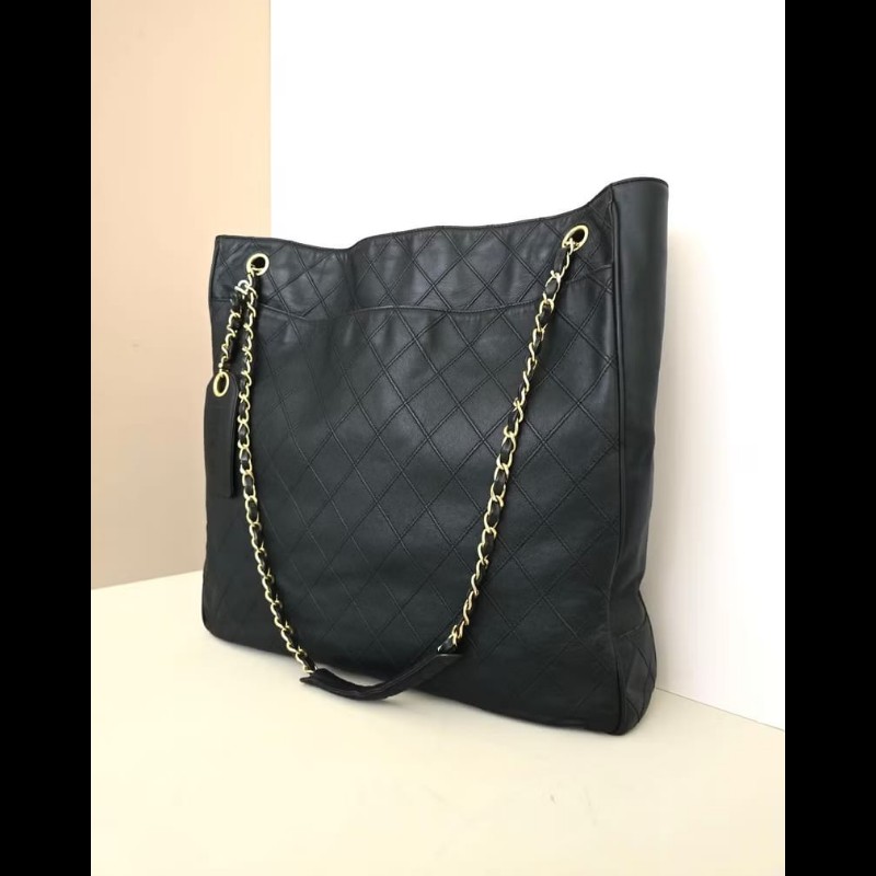 絕版中古包 Chanel黑金色鏈條托特包 側背包 單肩包 古董二手包-2